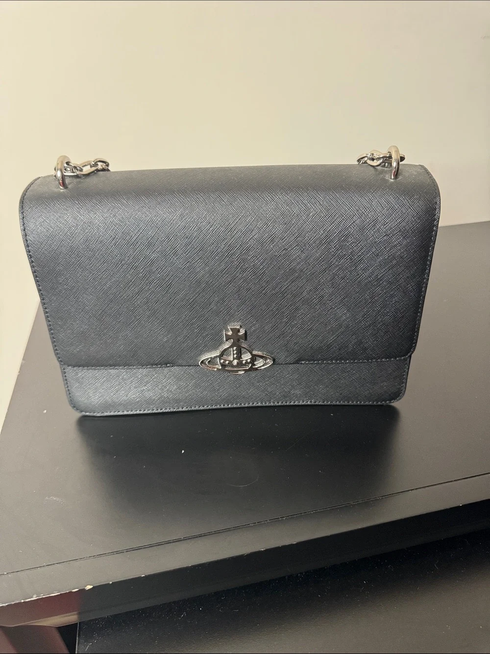 Vivienne Westwood Black Leather Shoulder Bag with Silver Chain
